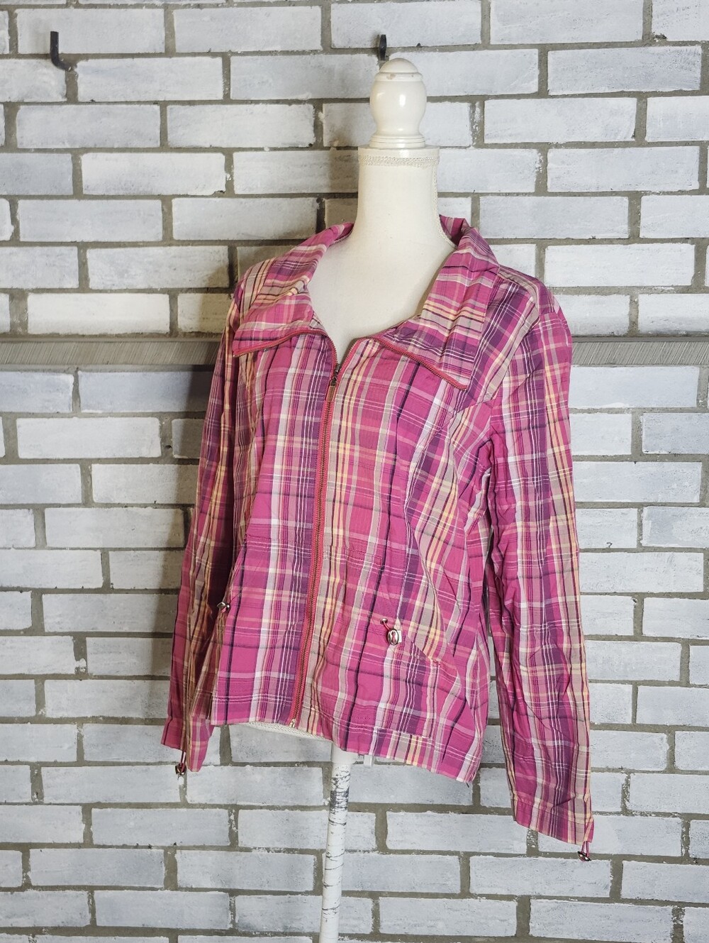 •Christopher & Banks Long Sleeve 100% Cotton Plaid Jacket Large Pink Multicolor